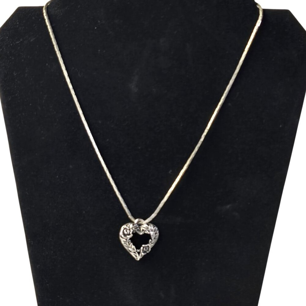 Vintage Silver Tone Heart Pendant Necklace Floral Rose Openwork Design 18inch